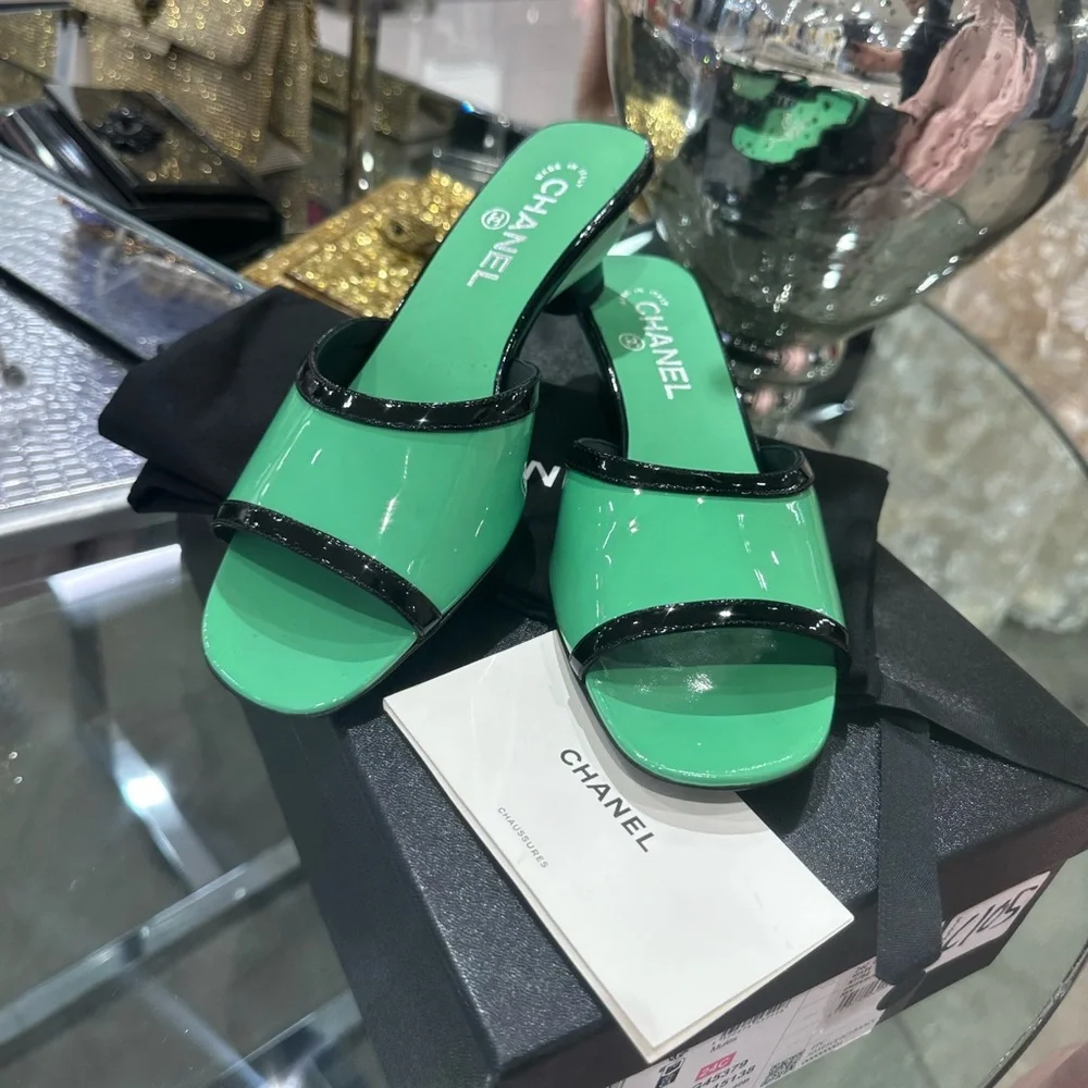 CHANEL | Shoes | Chanel Mint Green Mules With Black Accents | Poshmark